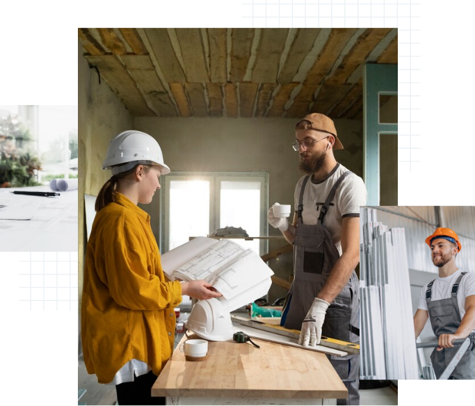 A woman and man in construction attire review blueprints at a worktable in a partially renovated room; an inset shows a man in a hard hat handling materials.