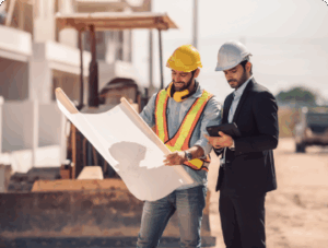 Two men, one in construction gear and one in a suit and hard hat, review blueprints and a tablet at a building site.