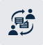 Two simplified human icons with speech bubbles and arrows between them, representing communication or conversation exchange.
