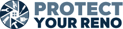 Logo with a house surrounded by renovation tools on the left and the text "PROTECT YOUR RENO" in bold blue letters on the right.