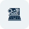 Icon of a laptop displaying a bar chart with rising values and two magnifying glasses, symbolizing data analysis or analytics.