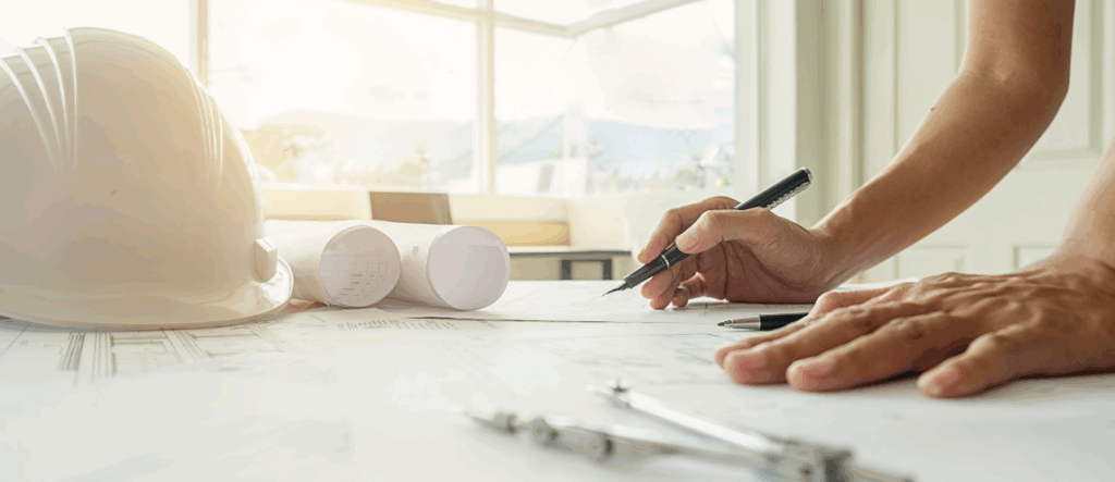 A person writes on architectural blueprints at a desk with a hard hat, rolled-up plans, and a compass visible under natural daylight.