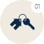Dark blue house-shaped keychain and key icon on a beige circle background with the number 01 in a white circle at the top right.