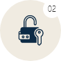 Icon of an unlocked padlock with a key beside it, displayed on a light circular background with the number 02 in the top right corner.