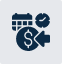 Icon showing a calendar, a dollar symbol with a left arrow, and a clock, representing a scheduled or recurring payment or money transfer.