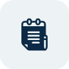 Dark blue icon of a notepad with a spiral binding at the top and horizontal lines representing text, set against a light gray rounded square background.