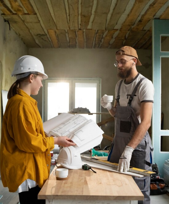 Two people in construction attire review blueprints on a table at a building site; one holds a coffee cup, the other points at the plans.