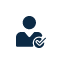 Dark blue icon of a person with a checkmark inside a circle overlapping their lower right side, on a white background.