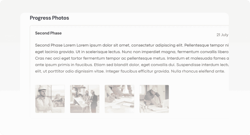 A progress photos report labeled "Second Phase" dated 21 July, with placeholder text and four grayscale construction-related images below the text.